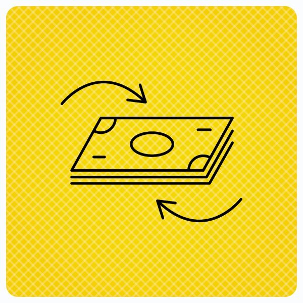 Money flow icon. Cash investment sign. Currency exchange symbol. Linear icon on orange background. Vector