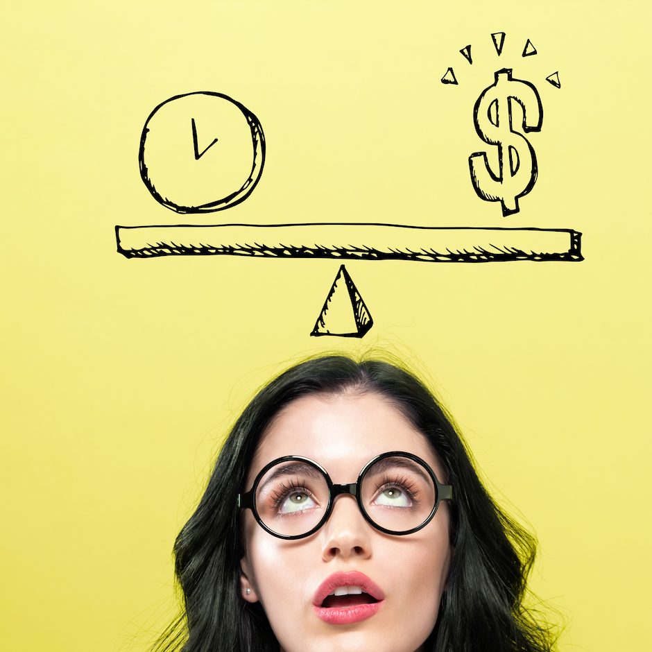 Time and money on the scale with young woman
